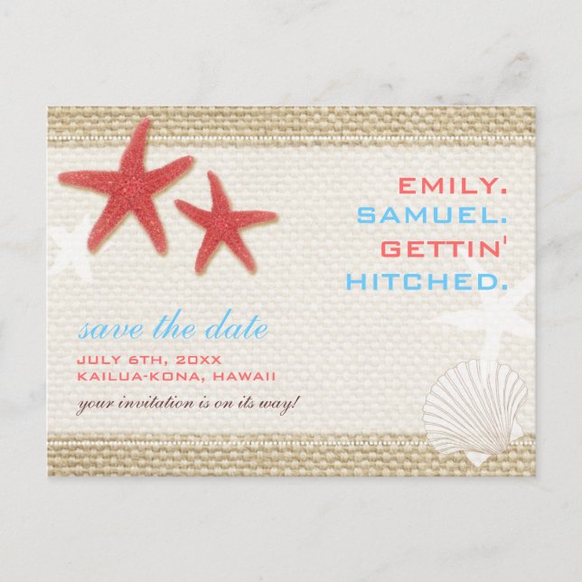 Carte Postale Faire-part Starfish Pair Rustic Beach Wedding Enregistrer la  (Devant)