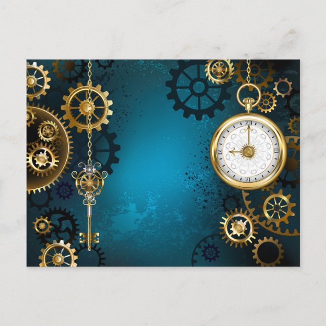 Carte Postale Faire-part Steampunk Arrière - plan turquoise avec Gears (Devant)
