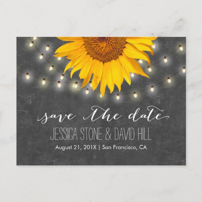 Carte Postale Faire-part String Lights & Sunflower Wedding Enregistrer la d (Devant)