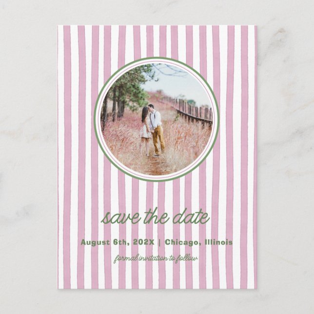 Carte Postale Faire-part Striped pink and greensave the date photo postcard (Devant)