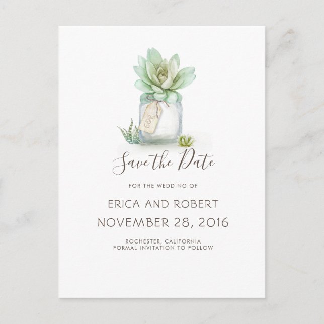 Carte Postale Faire-part Succulent Mason Jar Rustique Enregistrer la date (Devant)