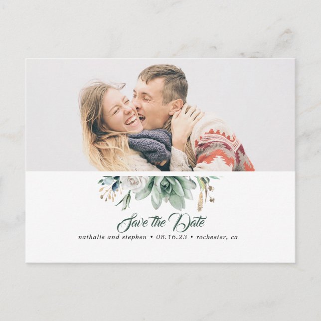 Carte Postale Faire-part Succulente verdure rose blanche enregistrer la dat (Devant)