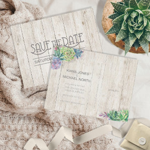 Carte Postale Faire-part Succulentes et bois rustique Enregistrez la date I