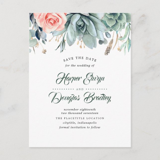 Carte Postale Faire-part Succulents et rose botanique Enregistrer la date (Devant)