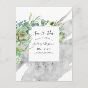 Carte Postale Faire-part Succulents Verdure Argent Splatters Enregistrer la