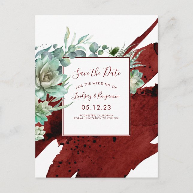 Carte Postale Faire-part Succulents verdure Bourgogne Rouge Sauvez la date (Devant)