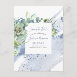 Carte Postale Faire-part Succulents verdure Dusty Blue Enregistrer la date