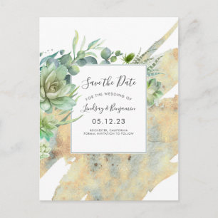 Carte Postale Faire-part Succulents Verdure Gold Splatters Enregistrer la d