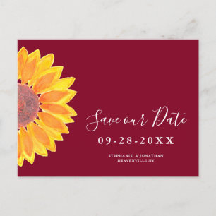 Carte Postale Faire-part Sunflower Bourgogne Mariage Enregistrer La Date