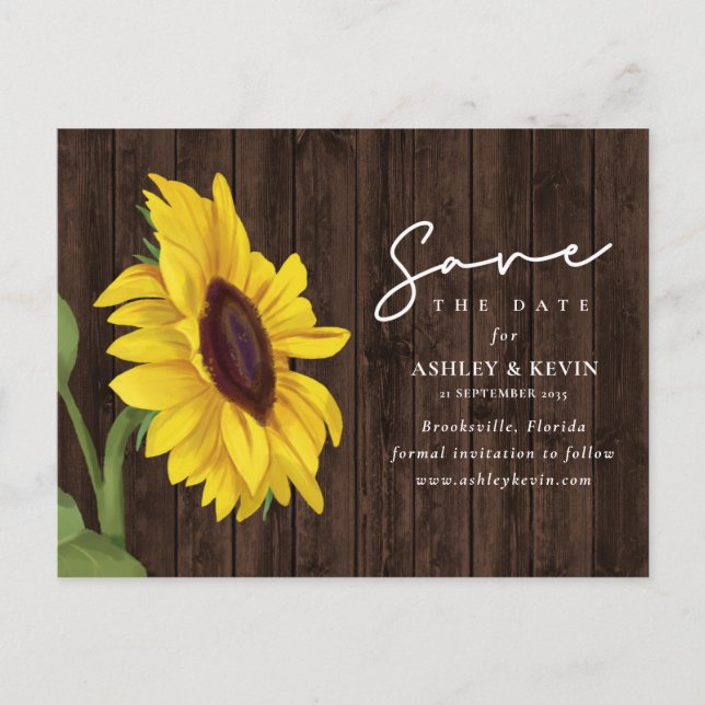 Carte Postale Faire-part Sunflower Floral Rustic Bois Mariage Enregistrer L (Devant)
