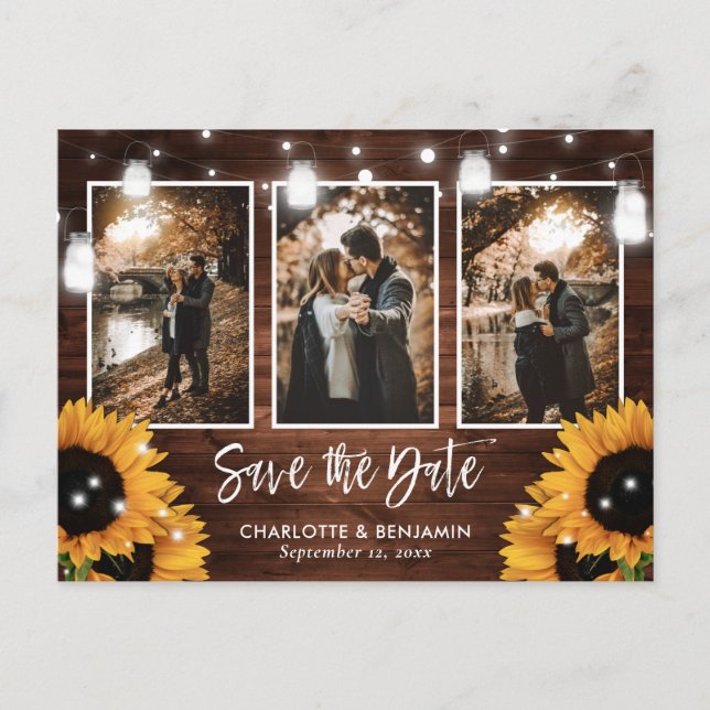 Carte Postale Faire-part Sunflower Mason Jar Grange En Bois Photo Enregistr (Devant)