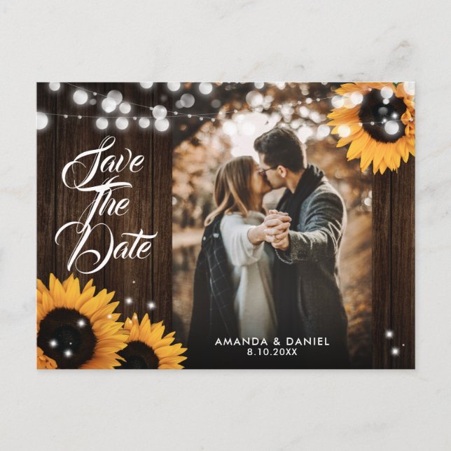 Carte Postale Faire-part Sunflower Wood Lights Photo Mariage Enregistrer La (Devant)