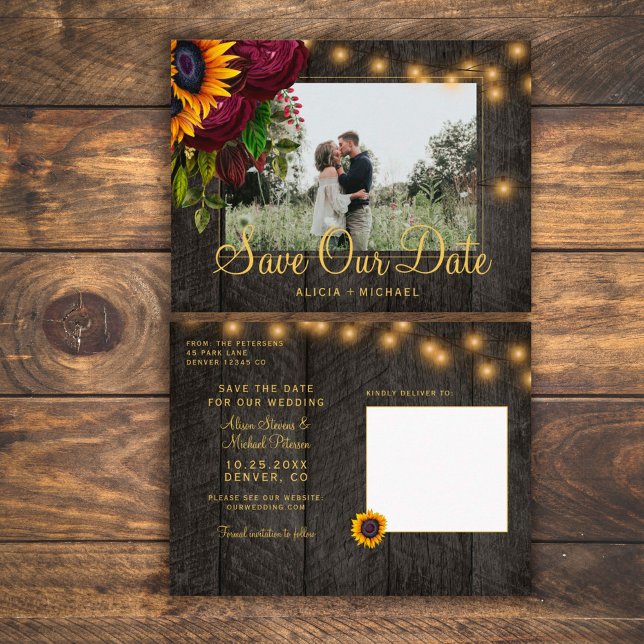 Carte Postale Faire-part Sunflowers roses barn wood save the date wedding (Créateur téléchargé)