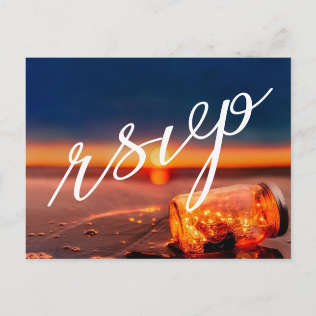 Carte Postale Faire-part Sunset Beach Mason Jar Bleu Nuit Mariage RSVP (Devant)