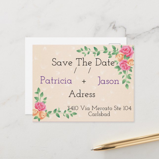 Carte Postale Faire-part superbe design chic pour save the date (Devant/Arrière en situation)