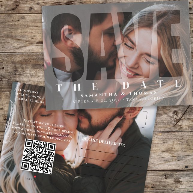 Carte Postale Faire-part Superposition de code QR de deux photos modernes p (Créateur téléchargé)