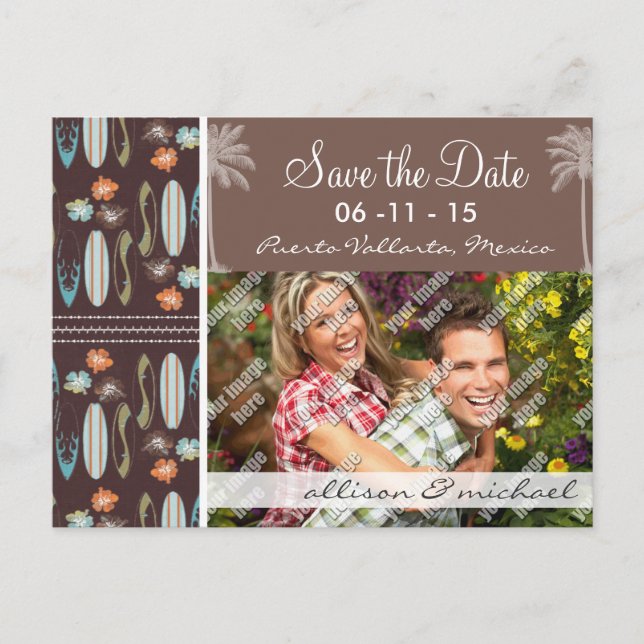 Carte Postale Faire-part Surfboards et Hibiscus tropicaux (Devant)