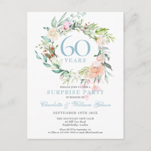 Carte Postale Faire-part Surprise Party 60e anniversaire Floral Rose