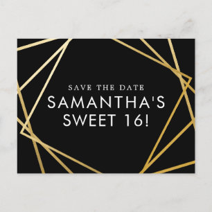 Carte Postale Faire-part Sweet 16 Enregistrer la date Black Gold Géométriqu