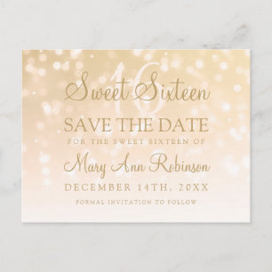 Carte Postale Faire-part Sweet 16 Enregistrer La Date Gold Bokeh Sparkle Li