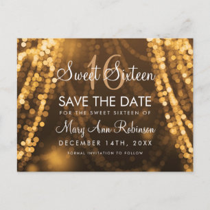 Carte Postale Faire-part Sweet 16 "Enregistrer La Date" Gold String Lumière