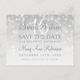 Carte Postale Faire-part Sweet 16 Enregistrer La Date Silver Bokeh Éclairag