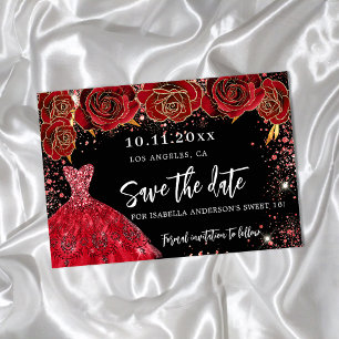 Carte Postale Faire-part Sweet 16 robe rouge noire enregistrer la date