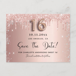 Carte Postale Faire-part Sweet 16 rose or argent enregistrer la date