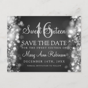 Carte Postale Faire-part Sweet 16 "Save The Date" Éclairage Argent
