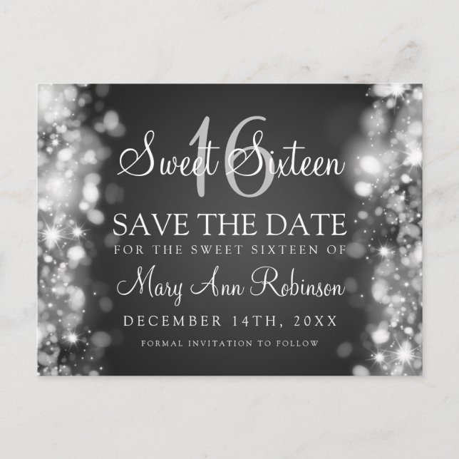 Carte Postale Faire-part Sweet 16 "Save The Date" Éclairage Argent (Devant)