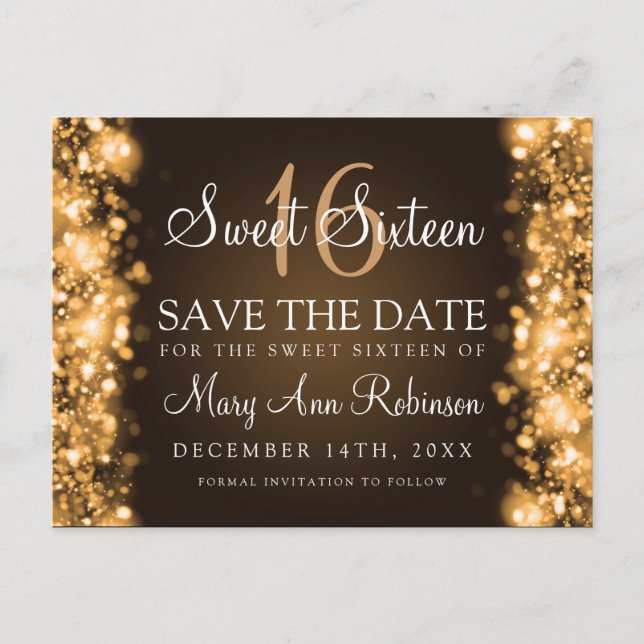 Carte Postale Faire-part Sweet 16 "Save The Date" Éclairage Or (Devant)