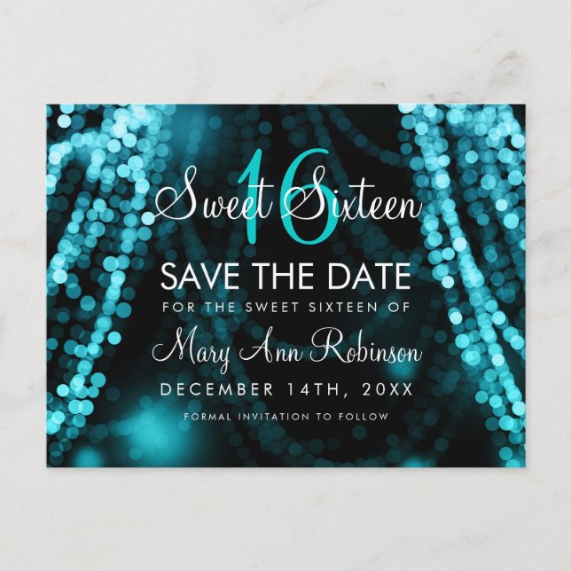 Carte Postale Faire-part Sweet 16 "Save The Date" Turquoise String Lights (Devant)