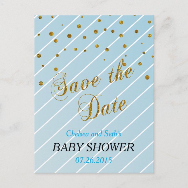 Carte Postale Faire-part Sweet Baby Blue et Gold Confetti - Enregistrer la  (Devant)