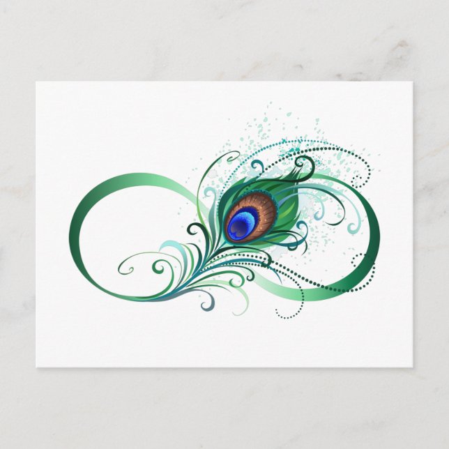 Carte Postale Faire-part Symbole d'infini avec plume de paon (Devant)