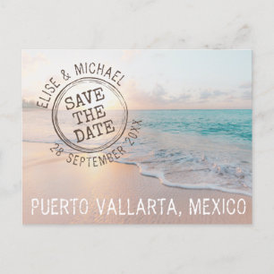 Carte Postale Faire-part Tampon de passeport de mariage de plage de coucher