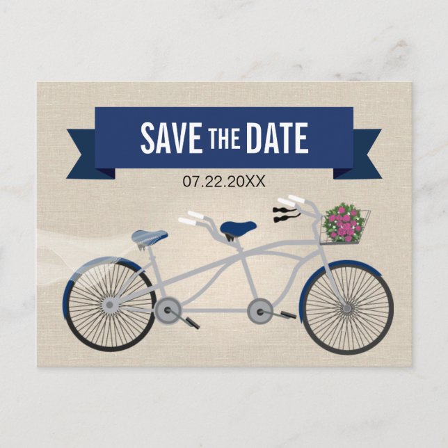 Carte Postale Faire-part Tandem Bleu foncé Bicycle Mariage Enregistrer la d (Devant)