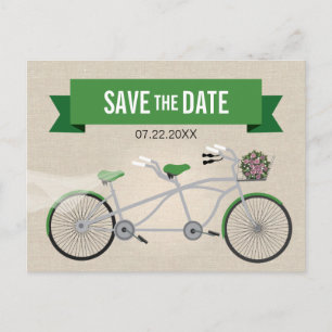 Carte Postale Faire-part Tandem Green Bicycle Wedding Enregistrer la date