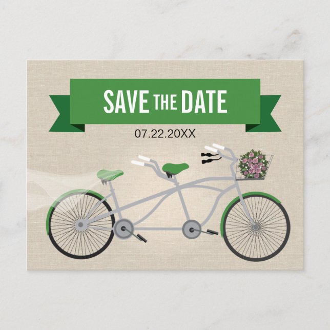 Carte Postale Faire-part Tandem Green Bicycle Wedding Enregistrer la date (Devant)