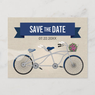 Carte Postale Faire-part Tandem vélo bleu foncé mariage à sauver la date