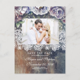 Carte Postale Faire-part Taupe, bleu et marron floral rustique Enregistrer