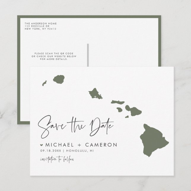 Carte Postale Faire-part Taupe Green Hawaii State Map QR Code Enregistrer l (Devant / Derrière)
