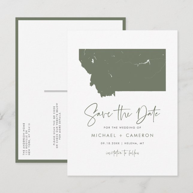 Carte Postale Faire-part Taupe Green Montana Map QR Code Enregistrer la dat (Devant / Derrière)