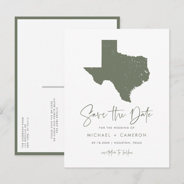 Carte Postale Faire-part Taupe Green Texas State Map QR Code Enregistrer la (Devant / Derrière)