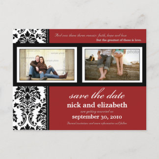 Carte Postale Faire-part {TBA} Damask 2-Photos Rouge-Noir-Blanc Save the Da