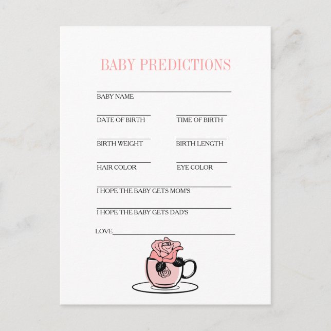Carte Postale Faire-part Teacup & Fleurs Baby shower Baby Prediction Jeu (Devant)