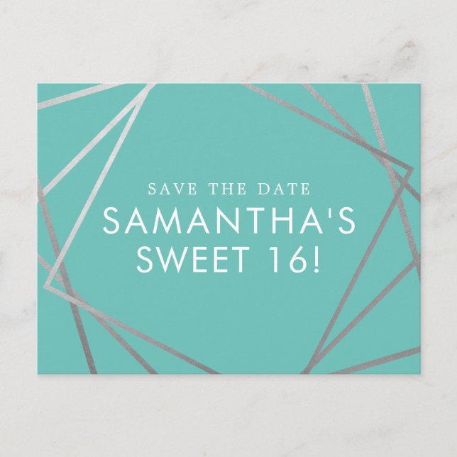 Carte Postale Faire-part Teal Blue Argent Moderne Sweet 16 Sauvegarder la D (Devant)