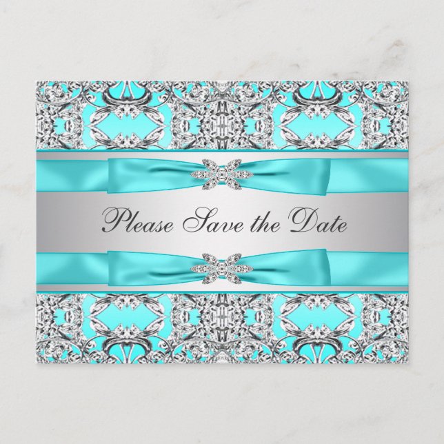 Carte Postale Faire-part Teal Blue Argent Prévenez de la Date (Devant)