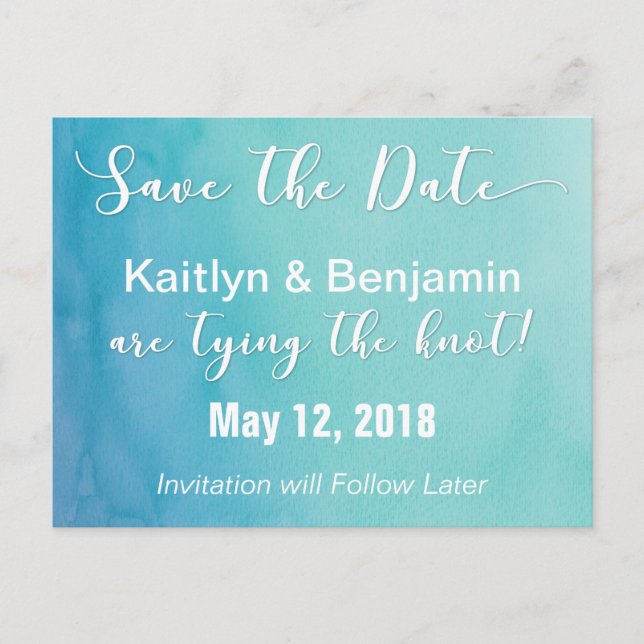 Carte Postale Faire-part Teal et Bleu Ombré Aquarelle Save the Date (Devant)