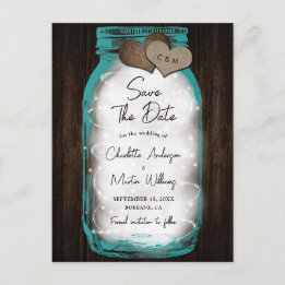 Carte Postale Faire-part Teal Mason Jar Wood Hearts Wedding Save The Date
