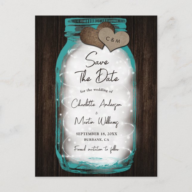 Carte Postale Faire-part Teal Mason Jar Wood Hearts Wedding Save The Date (Devant)